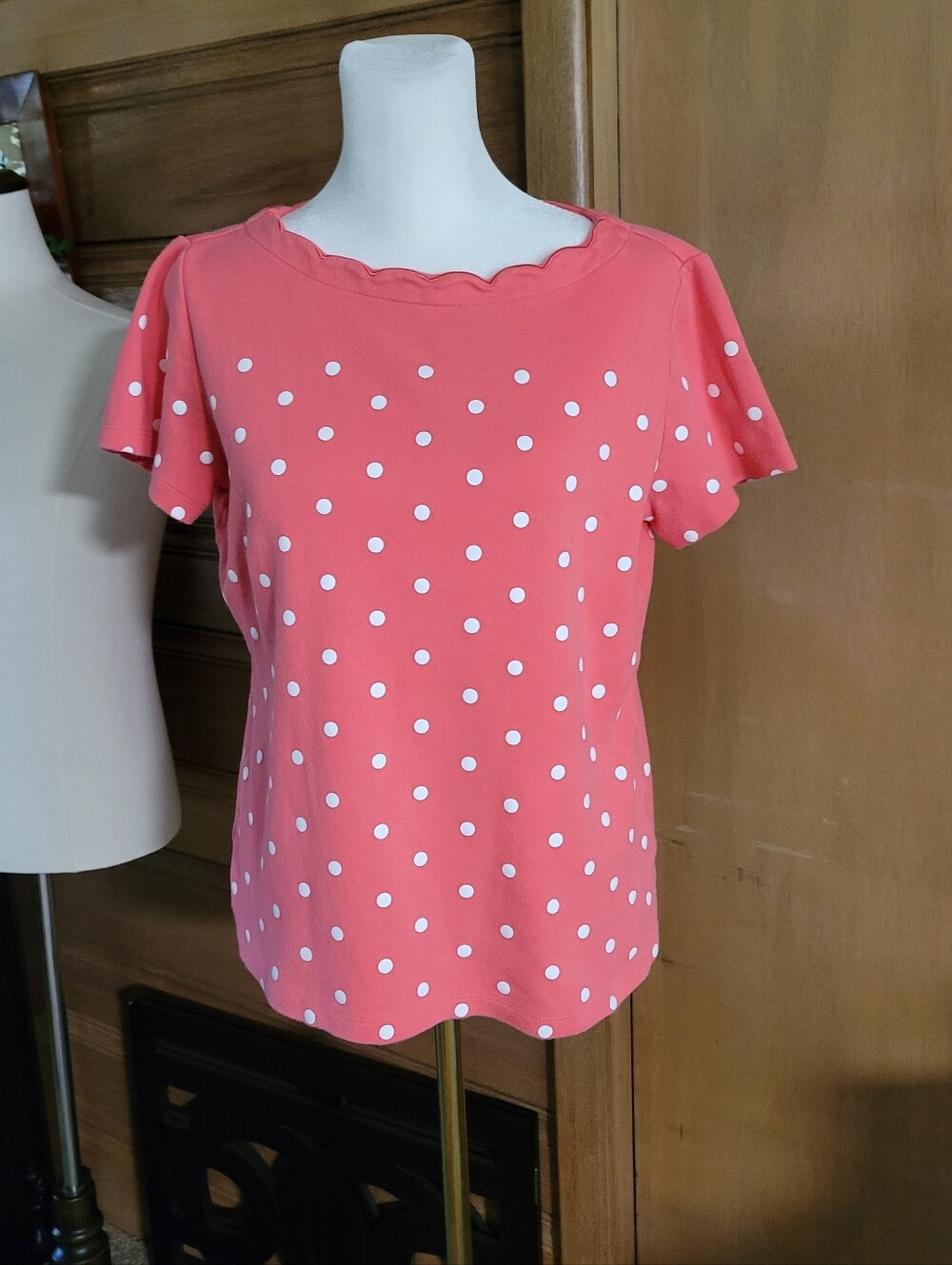 Karen Scott Coral Pink Polka Dot Flutter Sleeve Top